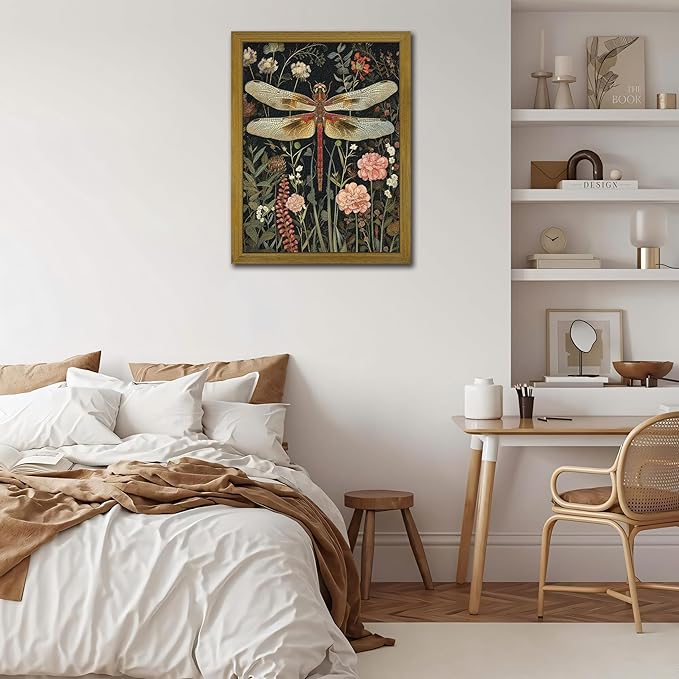 Framed Hand Drawn Sandstone Dragonfly Wall Art, Vintage 3D Textured Nature Botanical Wall Decor Pictures, Pink Flowers Print Painting for Living Room Kitchen Home Decor 16x24inch