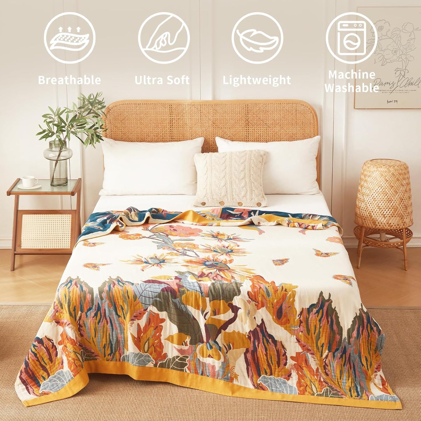 Cotton Throw Blanket Floral Printed Throw for Bed Soft Breathable Farmhouse Blankets Home Decoration Picnic Blanket (60"x80",02-Colorful Flowers)