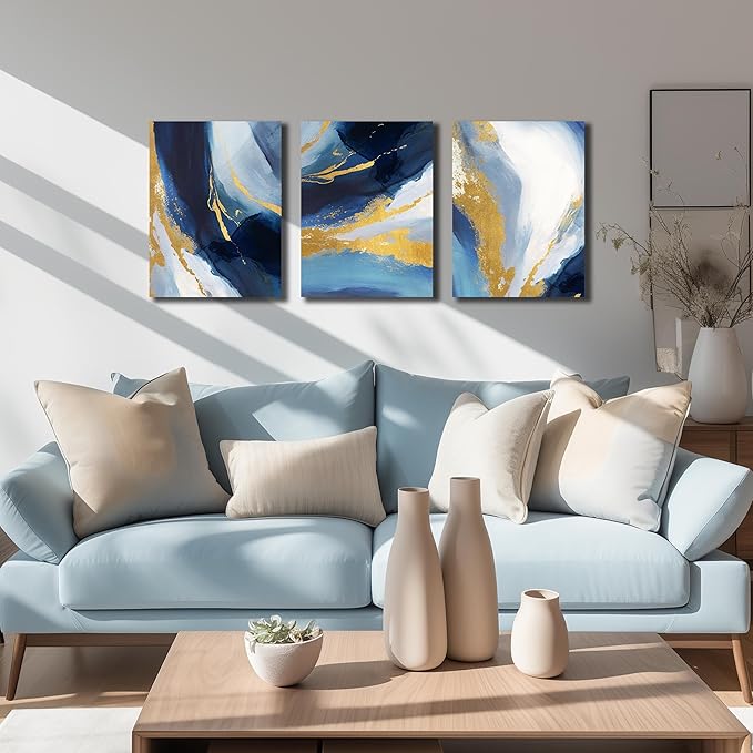 DNIEOTU Abstract Wall Art for Living Room, Blue White and Gold Canvas Wall-Decor for Bedroom, Picture Prints, Size 12 x 16 Inches 3-Pieces
