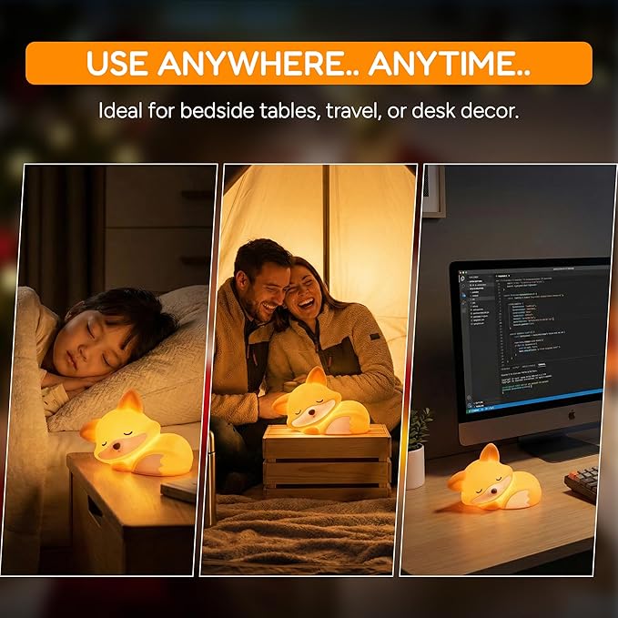Sleeping Fox Night Light, Rechargeable Silicone Fox Lamp with Timer & Dimmable Warm Light, Cute Animal Nightlight for Bedroom, Nursery Decor & Gift