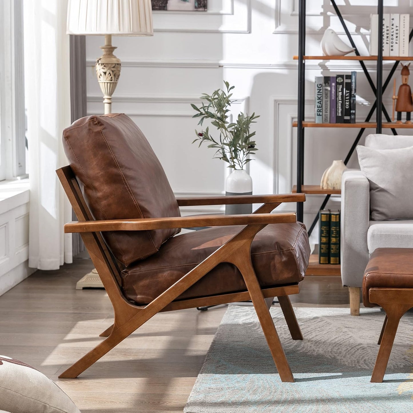 chairus Leather Accent Chair Mid Century Modern Armchair Compfy Upholstered Lounge Arm Chair for Living Room Fireplace/Bedroom/Reception/Dorms, PU Brown