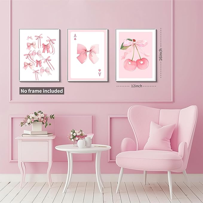 Trendy Pink Bows Posters Wall Art Set of 3, Vintage Preppy Cherry Picture Prints, Pink Girly Room Aesthetic Canvas Wall Decor Painting for College Apartment Living Room Bedroom 12x16 In Unframed