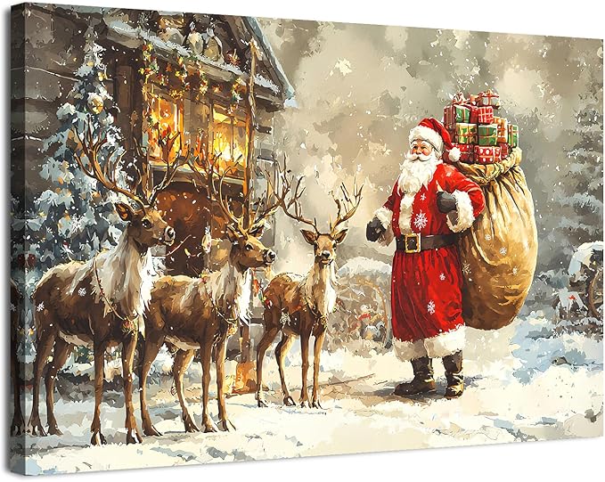 Farmhouse Christmas Wall Art for Living Room Santa Claus Wall Decor Vintage Reindeers Canvas Prints Christmas Deer Pictures Winter Landscape Painting Artwork Kitchen Office Home Decorations 16x24"