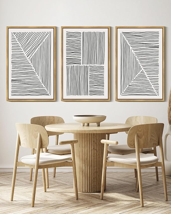 Drsoum Mid-Century Modern Framed Wall Art Large 16x24in Minimalist Abstract Boho Black Line Wall Decor Geometric Artwork Kitchen Dining Room Natural Framed