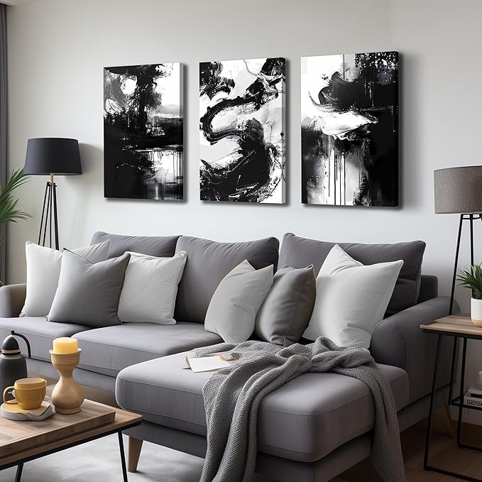 DNIEOTU Abstract Canvas Wall Art for Living Room, Black and White Picture Prints Wall-Decor for Bedroom, Size 16 x 24 Inches 3-Piece
