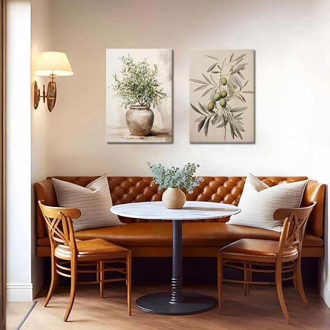 2Pcs Framed Botanical Wall Art Green Olive Branches Poster Print Neutral Farmhous Plant Picture Canvas Painting Wall decor for Living Room Kitchen or Dining Room Decor 16x24IN