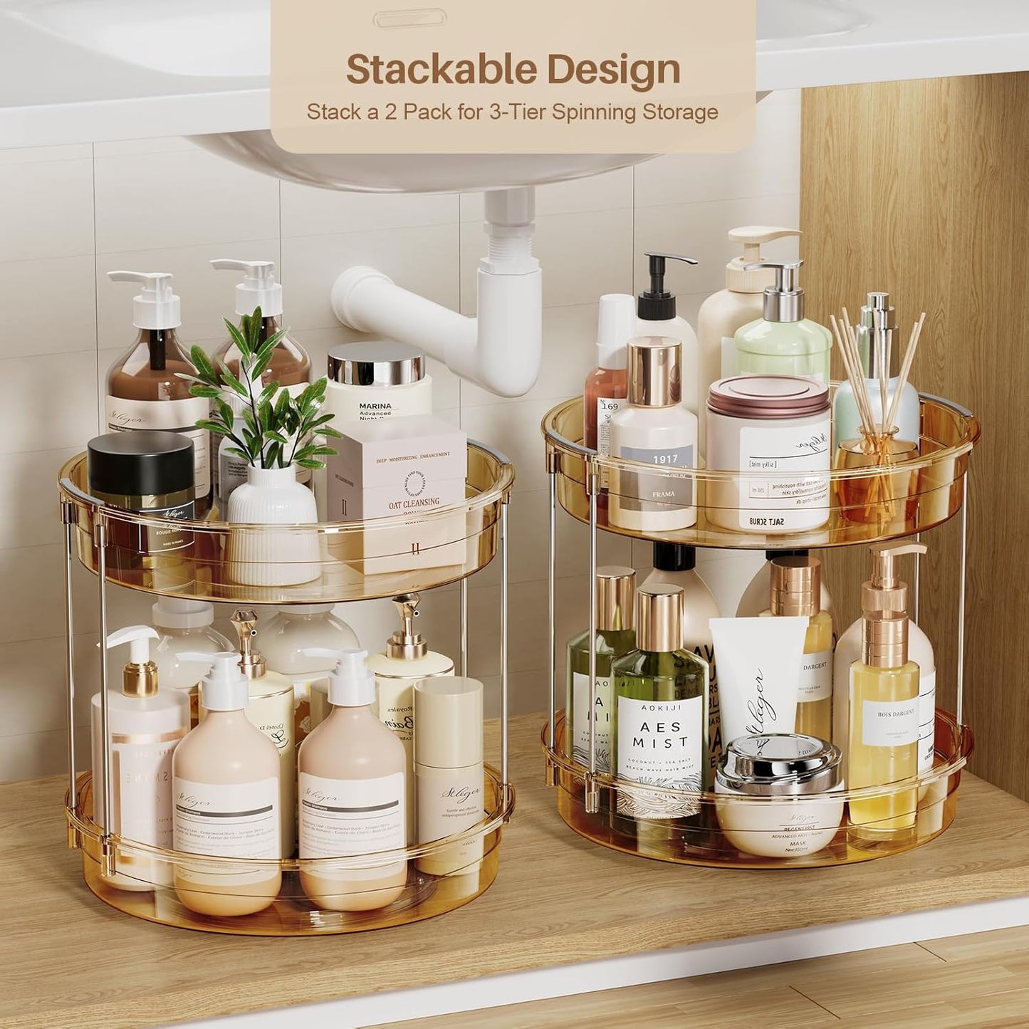 LAMU 12inch 2 Tier Lazy Susan Turntable Organizer Rotating Spice Rack Organization for Cabinet, Kitchen, Pantry, Countertop, Bathroom, Vanity, Medicine Cabinet Organizer, Amber