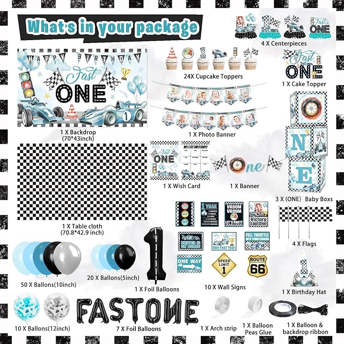 Mpanwen Fast One Birthday Decorations for Boys, 143Pcs Race Car Racing 1st Party Decor Supplies for Baby - Banner, Cake Toppers, Balloons, Tablecloth, Centerpieces, Crown, Poster, Boxes, Wall Signs