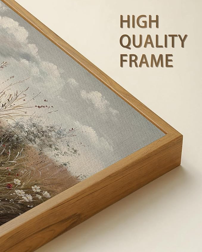 SHENIFY Vintage Landscape Framed Wall Art Meadow with Flowers Farmhouse Decor Retro Wildflower Field Scenery Painting for Kitchen Bedroom Living Room Bathroom - 8x16in Natural Framed