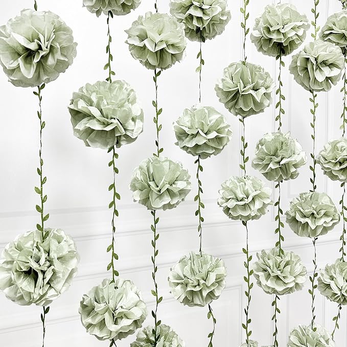 Sage Green Tissue Paper Flowers Pom Pom with Leaf Ribbon Dusty Green Hanging Garland Streamer for Birthday Baby Shower Wedding Engagement Woodland Safari Jungle Neutral Party Decorations Supplies