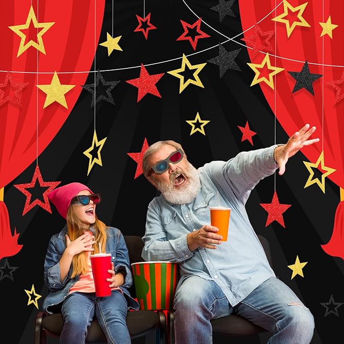 30 Pcs Large Movie Star Cardboard 3 Sizes 6" 9.8" 10.6" Movie Night Glitter Star Cutouts Double Printed Wall Decor Confetti Cutouts for Graduation Classroom Wall Party Bulletin Board Decor