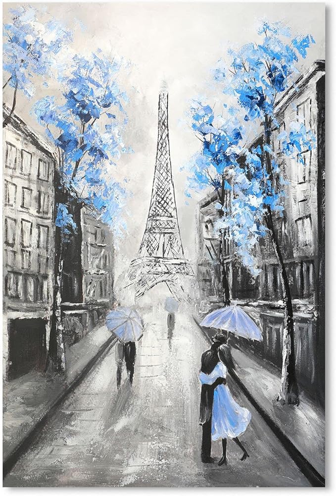 YPY Abstract Paris Canvas Wall Art: Black White Eiffel Tower Picture for Living Room Decor, Blue Grey Hand Painted Textured Oil Painting Modern Artwork Home Decoration 16 x 24