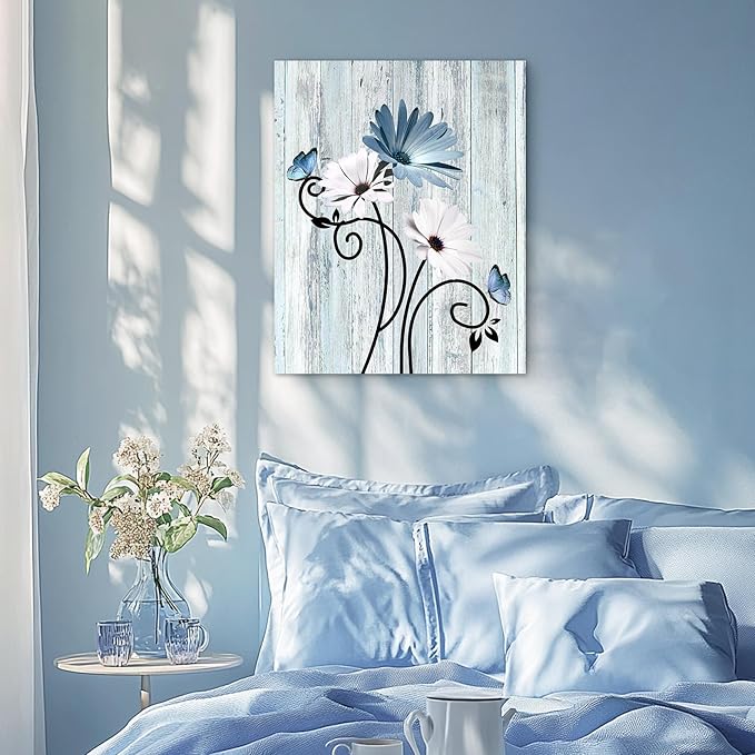 HVEST Blue Floral Canvas Wall Art Blue and White Daisy Butterfly Bathroom Pictures Wall Decor, Rustic Farmhouse Botanical Wall Art for Living Room Bedroom Home Office Decor, 12L x 16W Inches