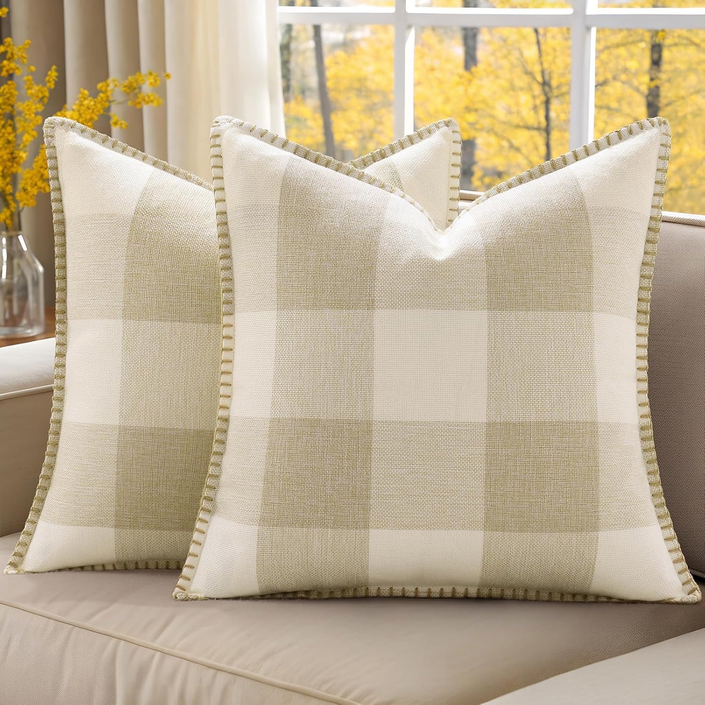 decorUhome Buffalo Plaid Check Fall Throw Pillow Covers 20x20 Set of 2, Outdoor Decorative Farmhouse Pillow Covers with Stitched Edge for Bed Couch Sofa, Cream White and Beige
