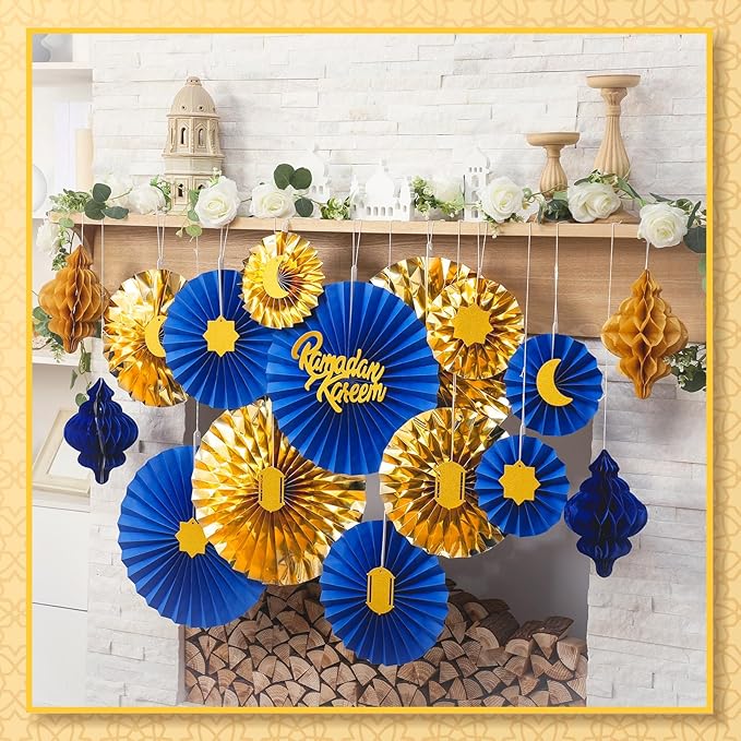 Epakh 29 Pcs Ramadan Decorations for Home Ramadan Hanging Paper Lantern Eid Wall Ceiling Decoration Honeycomb Paper Fan Eid Mubarak Home Decoration Birthday Wedding Party Supply(Blue & Gold)