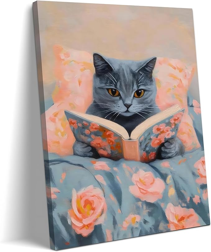 Framed Cat Reading Book Canvas Wall Art, Cute Gray Kitten Painting Print, Funny Animal Lovers Picture Wall Decor for Bedroom Living Room Kids Room Girls Room Home Decor 16x24 Inch