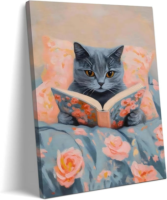 Framed Cat Reading Book Canvas Wall Art, Cute Gray Kitten Painting Print, Funny Animal Lovers Picture Wall Decor for Bedroom Living Room Kids Room Girls Room Home Decor 12x16 Inch