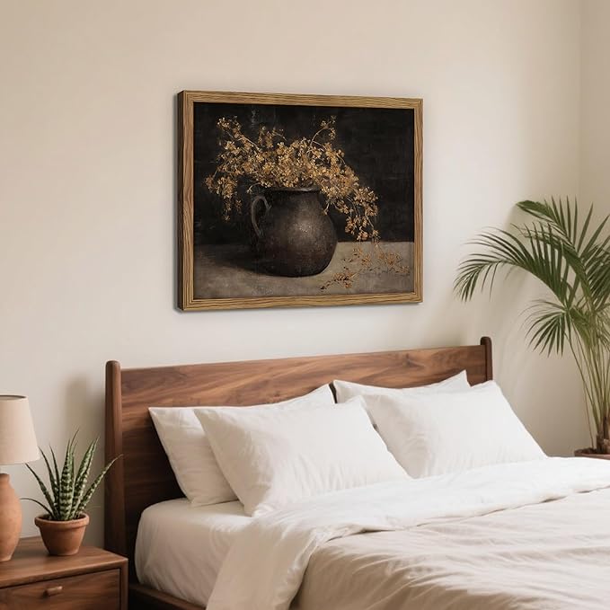Vintage Dark Framed Wall Art, Farmhouse Floral Autumn Painting, Cottagecore Botanical Vase Wall Decor, Country Cottage Pictures Aesthetics Canvas Print for Living Room Bedroom – 12x16 inch
