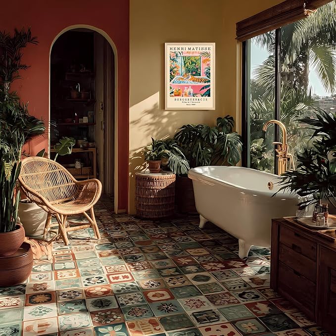 IAFWZX Wood Framed Funny Bathroom Wall Art, Humorous Tiger In Bathtub Wall Decor, Henri Matisse Whimsical Animal Canvas Painting, Colorful Tropical Botanical Artwork for Living Room Bedroom 12"x16"