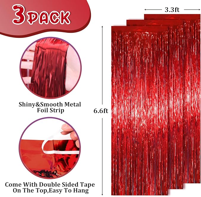 3.3 x 6.6 ft Foil Fringe Backdrop Curtains, Tinsel Streamers Party Decorations, Fringe Backdrop for Birthday, Baby Shower, Gender Reveal, Graduation (3, Red)