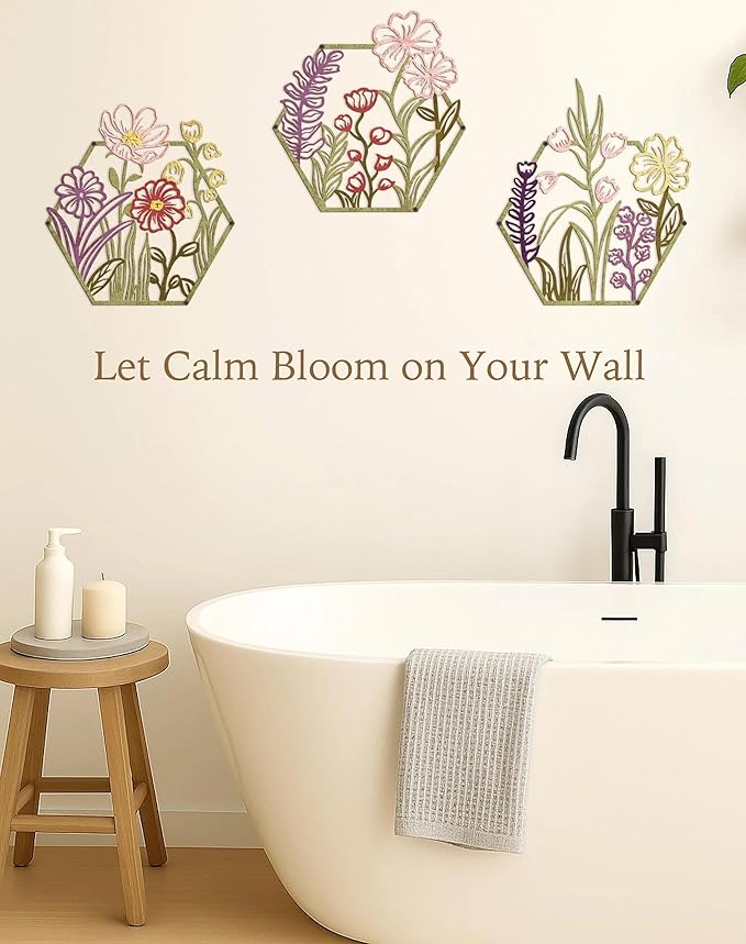 CarryWise 3 Piece Metal Flower Wall Art for Bedroom Living Room Rustic Farmhouse Floral Wall Decor for Bathroom Dining Room Boho Home Decorations Modern Minimalism Hanging Sculptures Polygon