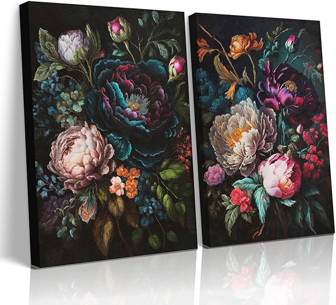 BRPXJRA 2 Pcs Moody Floral Wall Art Dark Flower Wall Decor Painting Vintage Baroque Peony Canvas Prints Botanical Still Life Pictures for Living Room Bedroom Bathroom 12x16 In Ready to Hang