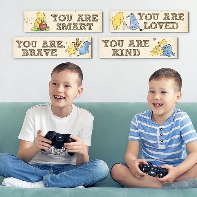 BirtDerr Winnie Room Decor- the Pooh Sign-Wooden Baby Stuff-Vintage Nursery Decor-4PCS Wall Decor Wall Art(Classic)-You Are Kind Brave