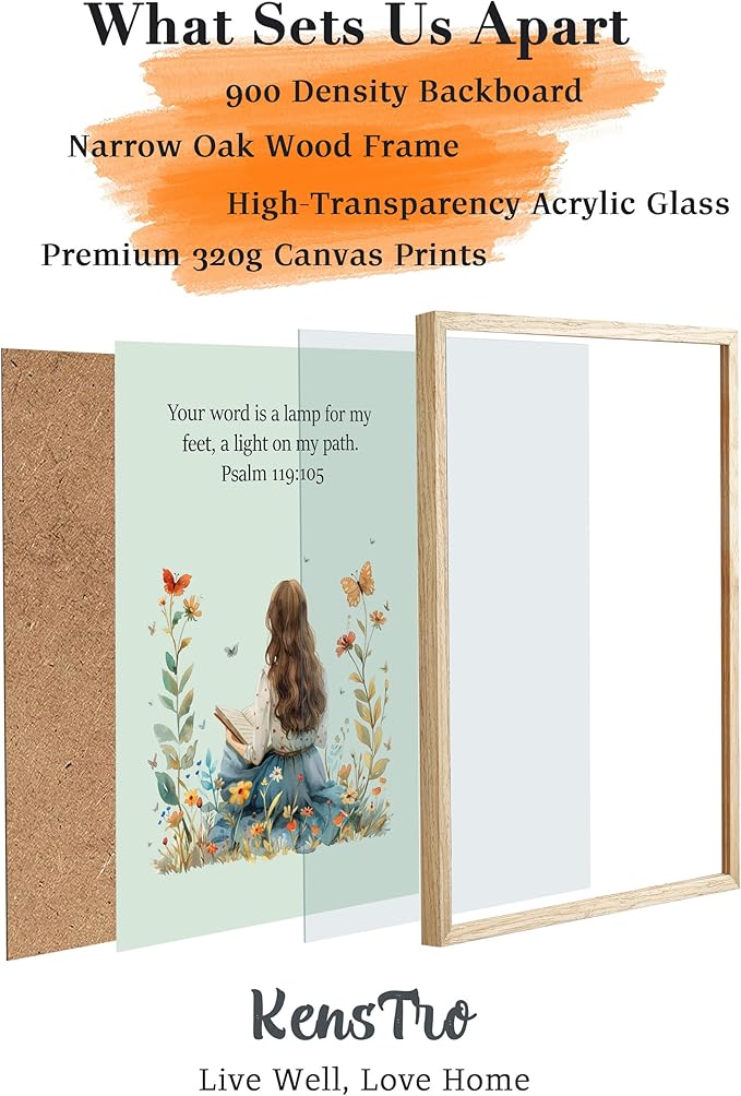 KensTro Natural OAK Wood Nursery Decor Framed Wall Art, 12x16 in Inspirational Christian Bible Verse Wall Art,Word of God Young Girl Reading Scripture Art Print for Boys Girls Bedroom Decor Set of 1