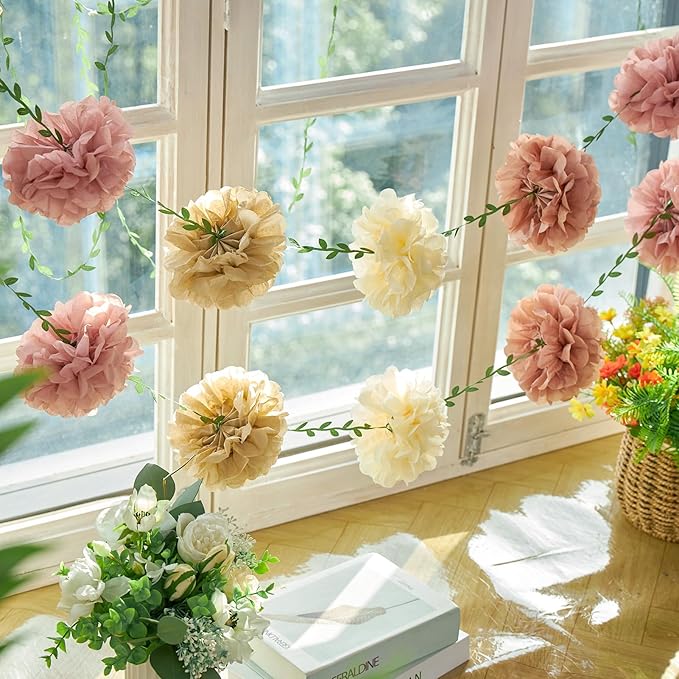 Paper Flower Garland, Rose, Pink, Light Beige, and Cream Color Tissue Paper Flowers Party Decorations, Paper Flowers for Baby Shower, Garden Party, Wedding, Wall Decor, Spring Summer Decor