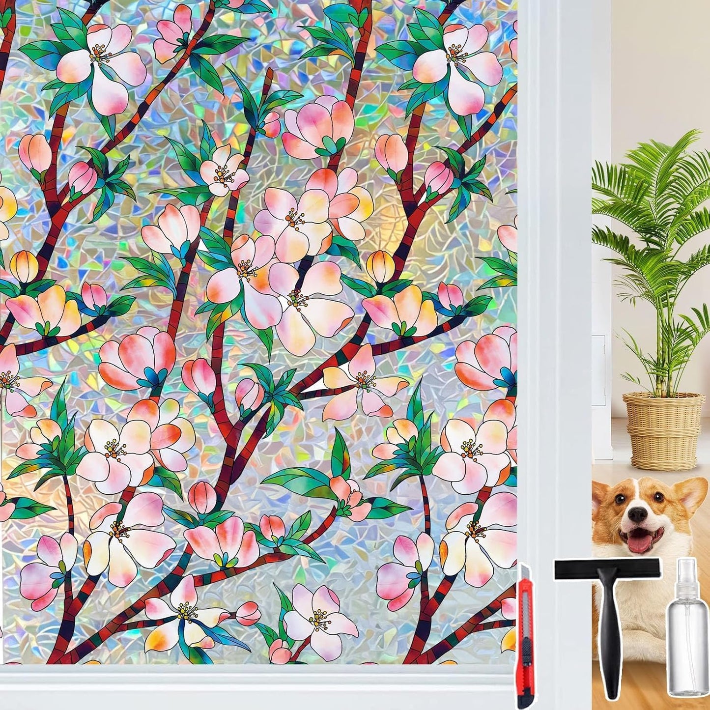 Rainbow Window Privacy Film Decorative, 3D Decals Stained Glass Clings, Static Cling Sticker, Suncatcher Windows Cover Tint for Home, 23.6 Inch x 78.7 Inch