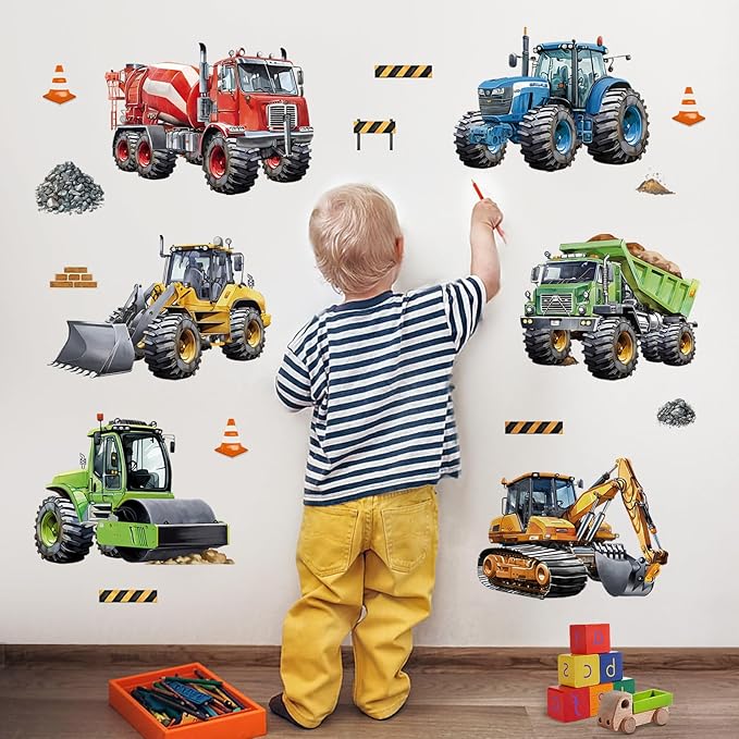 decalmile Construction Cars Wall Decals Trucks Tractor Vehicles Wall Stickers Baby Nursery Boys Bedroom Kids Room Wall Decor
