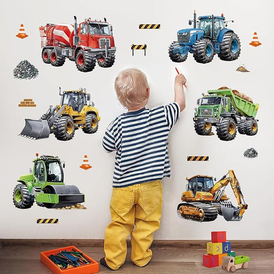 decalmile Construction Cars Wall Decals Trucks Tractor Vehicles Wall Stickers Baby Nursery Boys Bedroom Kids Room Wall Decor