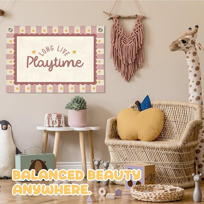 Playroom Wall Decor,Long Live Playtime Linen Canvas Banner,Pink Toddler Playroom Decor Kids Room Nursery with Star Pattern Wall Decor for Toddler Girls Toy Room Bedroom,30x20 Inch