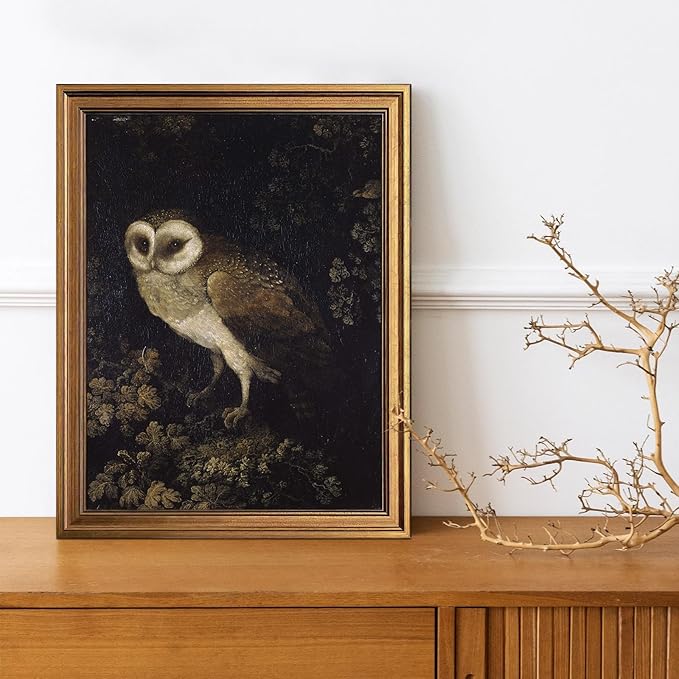 Aroutde Vintage Owl Painting Gold Framed Wall Art for Living Room, Dark Forest Animal Print Home Decor, Moody Wildlife Bird Artwork for Bedroom Apartment Decoration (16L''x12W'')