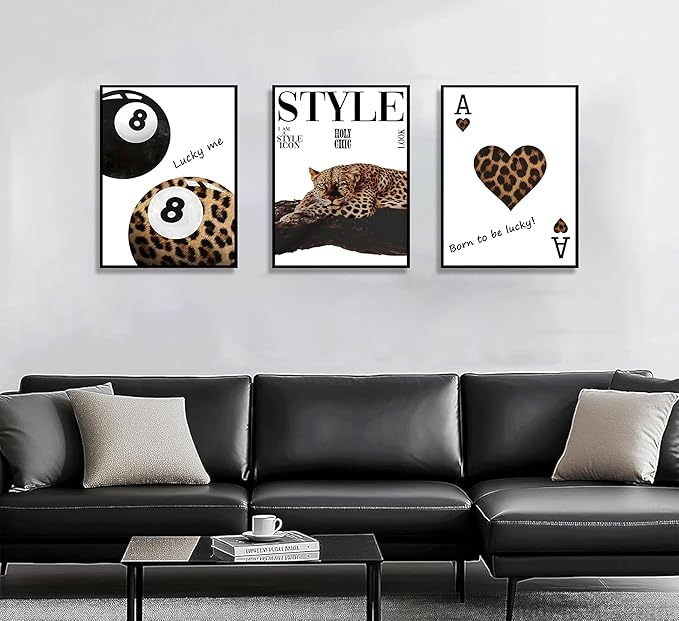 3Pcs Fashion Leopard Print Canvas Wall Art Cheetah Paintings Wall Decor Stylish Lucky 8 Ball Posters Prints College Style Room Aesthetic Pictures for Girls Bedroom Apartment Dorm Decoration Unframed