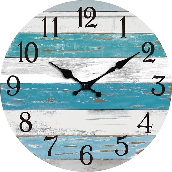 Wall Clock Battery Operated 8 Inch Outdoor Beach Style Blue Coastal Retro Silent Non Ticking Decorative for Bathroom Kitchen Living Room Bedroom