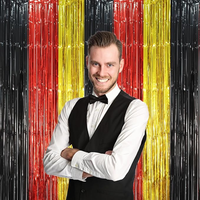 2 Pack Red Black Gold Foil Fringe Backdrop Curtains, Tinsel Streamers Party Decorations, Fringe Backdrop, Door Shimmer for Thanksgiving Day or Birthday Party