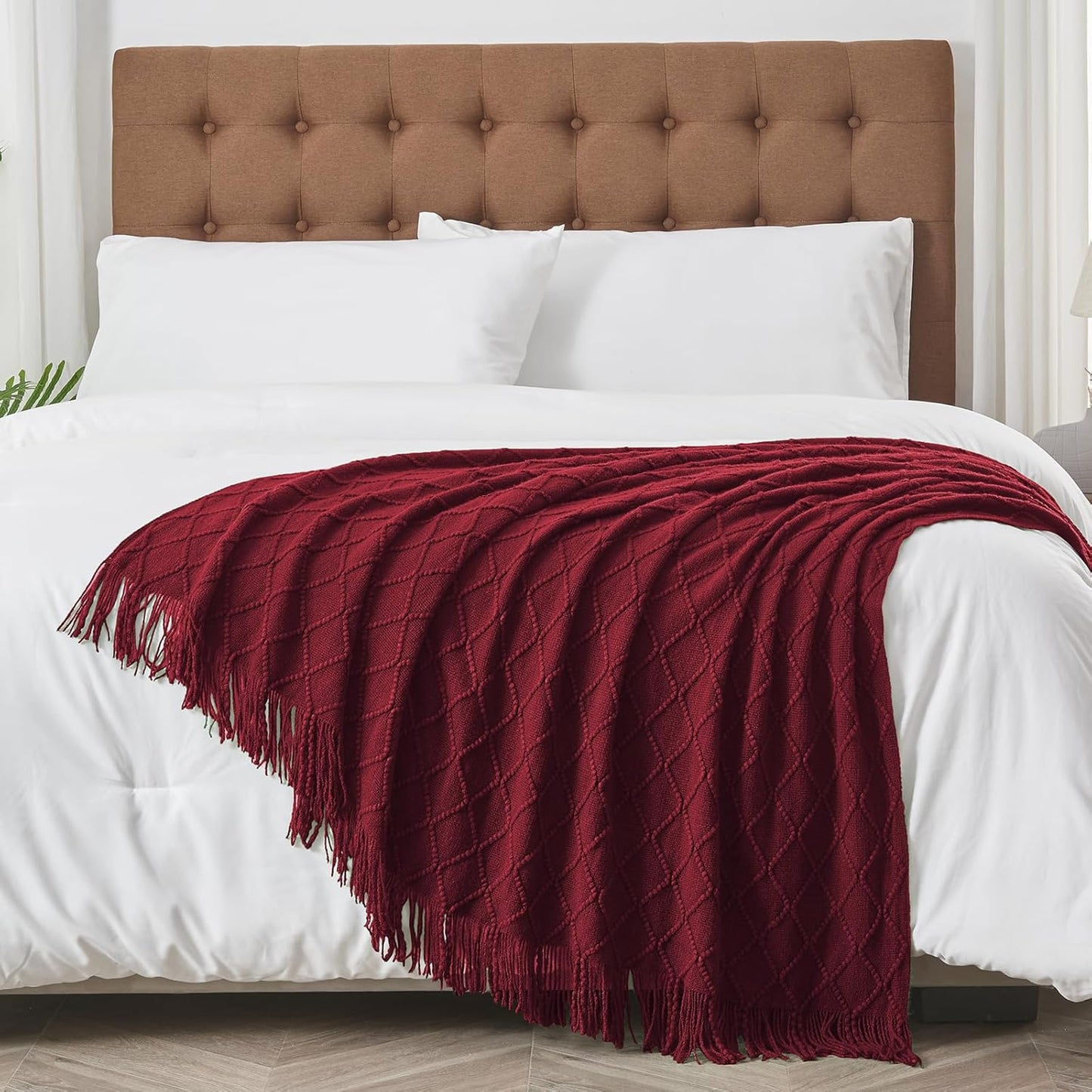 inhand Knitted Throw Blankets for Couch and Bed, Soft Cozy Knit Blanket with Tassel, Claret Lightweight Decorative Blankets and Throws, Farmhouse Warm Woven Blanket for Men and Women, 60"x80"
