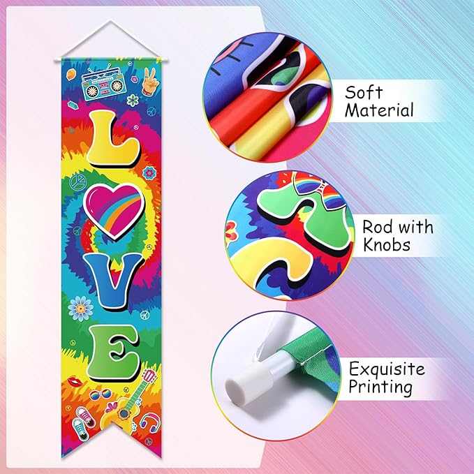 3 Pieces 60s Party Decorations Groovy Love Peace Banners Hippie Porch Signs 1960s Hanging Wall Decor for Retro 60s Theme Party Scene Setters Photography Backdrop Decorations Supplies