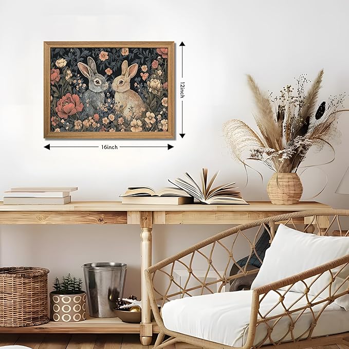 AKWISH Easter Framed 3D Textured Vintage Wall Art - Dark Academia Bunny Decor Hand Drawn Sandstone Paintings with Botanical Florals, Aesthetic Wall Decor for Living Room Bedroom Home 12x16 inch