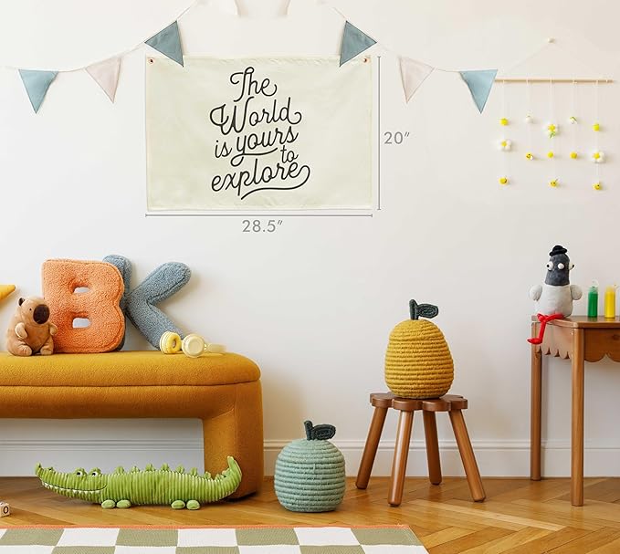 Baby Growth Stuff-Nursery Rectangular Canvas Banner Wall Decor for Nursery Playroom,Poster Flag Sign Wall Art for Baby Boy Girl,Baby Shower Birthday Christmas Gift-The World Is Yours to Explore