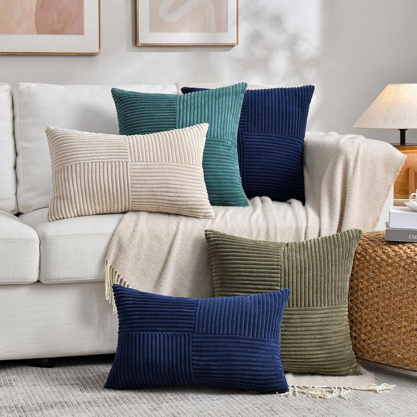 Fancy Homi 2 Packs Tan Long Lumbar Decorative Throw Pillow Covers 12x24 Inch for Couch Bed Sofa, Rustic Farmhouse Boho Home Decor, Soft Striped Corduroy Rectangle Accent Beige Cushion Case 30x60 cm
