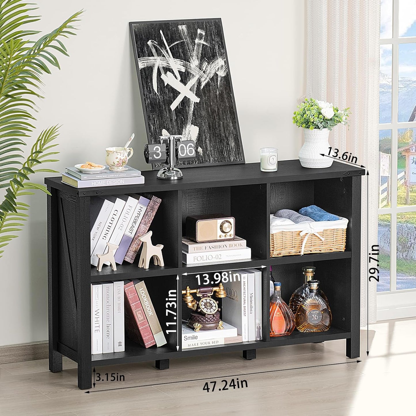 6 Cube Bookcase, Farmhouse Wood Low Storage Organizer Book Shelf, Black 47" Horizontal Console Bookshelf with Legs, Hallway Book Case for Entryway, Display Cabinet for Living Room, Office
