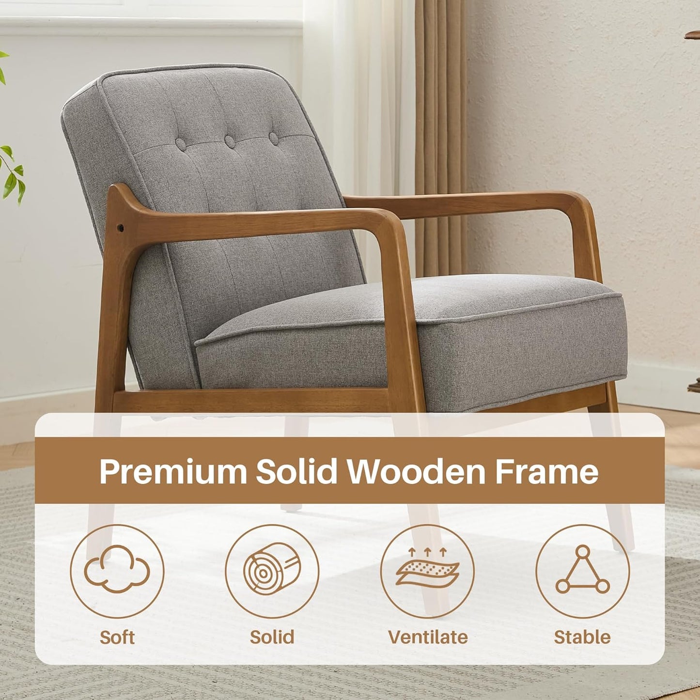 Linen Accent Chair, Mid Century Modern Chair for Living Room, Upholstered Comfy Lounge Armchair with Solid Wood Frame, Reading Side Chair for Bedroom,105°Ergonomic Comfort, Grey