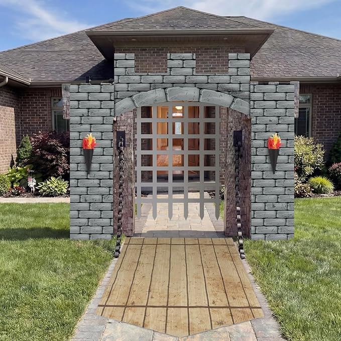 Frienda 105 Pcs Medieval Party Decorations Kit 5.9x6.6 ft Medieval Castle Backdrop Prison Fence Door Cover Fence Rug with 2 Torch Props 100 Paper Chain Brick Stone Fort for Knight Castle Photo Props