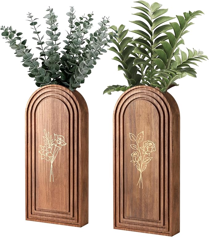 Rustic Wood Wall Planter - Decorative Hanging Vase for Dried Flowers & Artificial Plants, Farmhouse Wall Art Decor for Living Room & Entryway, Set of 2 Faux Greenery Holder (Not for Live Plants)