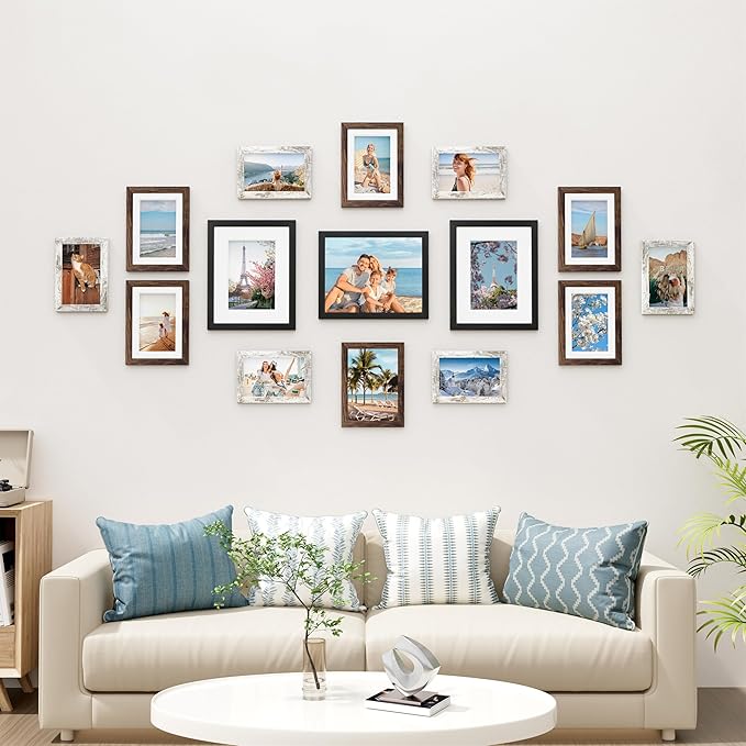 Vittanly 15 Pack Picture Frames Collage Wall Decor for Mounting or Tabletop, Gallery Frame Set for Family, Multi Sizes Including 3pcs 8x10, 6pcs 5x7, 6pcs 4x6, Black, Brown and Distressed White