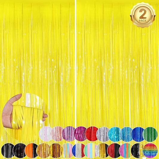 Macaron Yellow Metallic Tinsel Foil Fringe Curtains, 2Pack 3.3x8.3 Feet Streamer Backdrop Curtains for Birthday Wedding Party Decorations, Halloween Decor, Foil Curtain Backdrop for Bachelorette Party