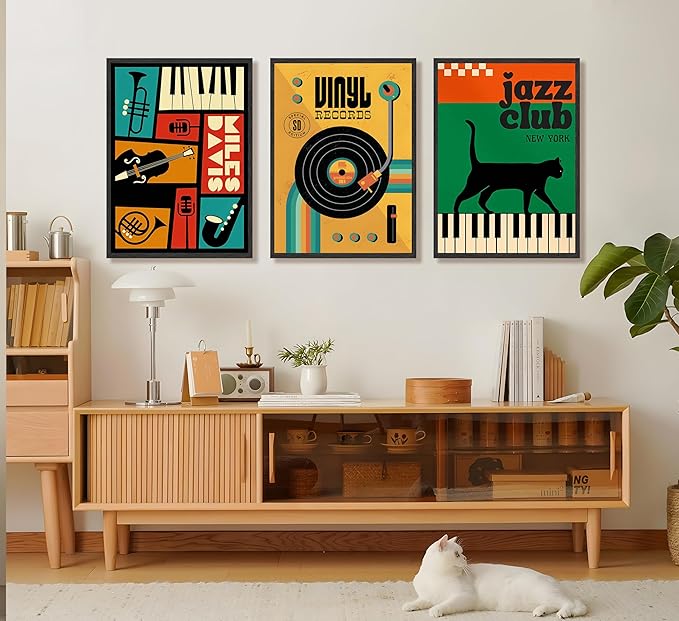 JWDXNOOK 3pcs Retro Jazz Music Wall Art Vintage Vinyl Records Paintings Musical Instruments Black Cat on Piano Canvas Prints Poster for Living Room Bedroom Music Room Decor Unframed