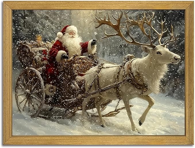 Wood Framed Vintage Santa Claus Sleigh Wall Art, Classic Christmas Reindeer Canvas Print Painting, Christmas Wall Decor Ornaments Picture for Living Room Bedroom Kitchen Xmas Home Decor 8x10 Inch
